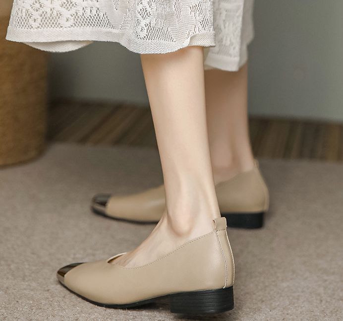 Business Leather Women Shoes Vintage Soft Flat Work Woman Mary Jane Minimalist Shoes Casual Metal Decor Point Toe Shallow Shoes Designer Stylish Fas