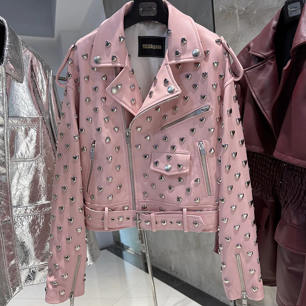 YOLOAGAIN Oversized Leather Jacket Women Metal Heart Rivet Genuine Sheepskin Coat 250725