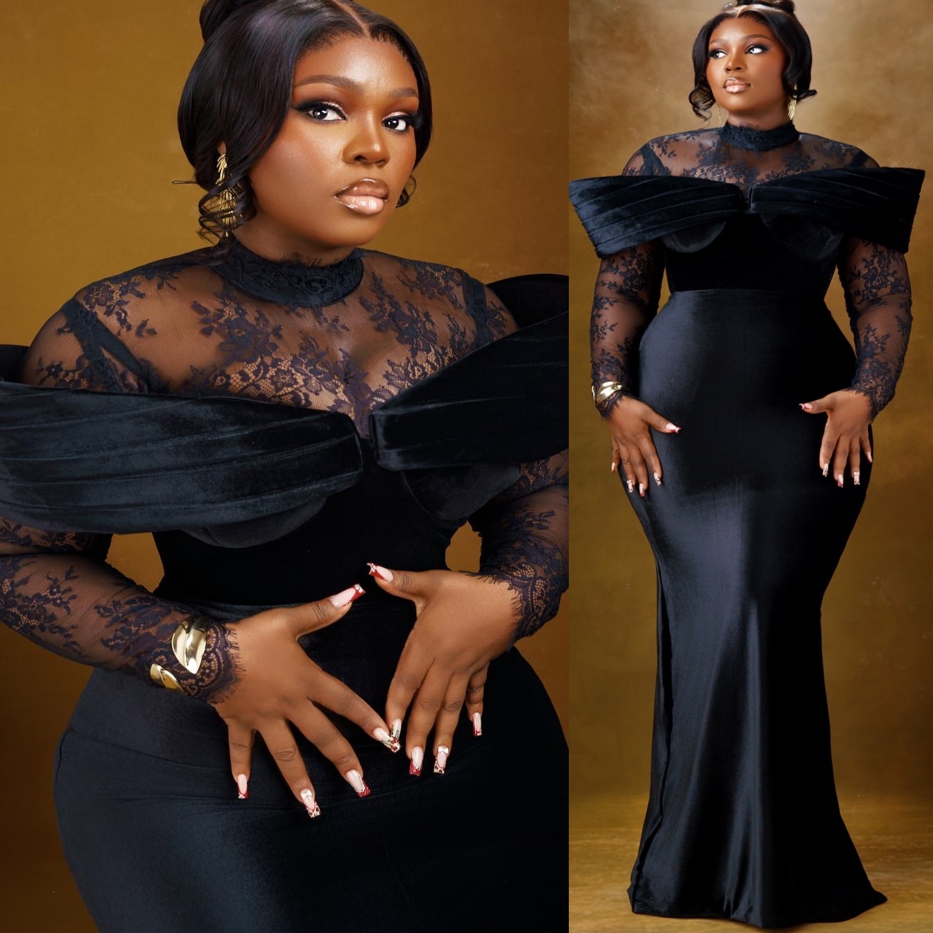 Mermaid Black Prom Dresses 2025 Lace Velvet Full Sleeves Vintage Evening Formal Party Second Birthday Engagement Gowns Plus Size Dress For Special O