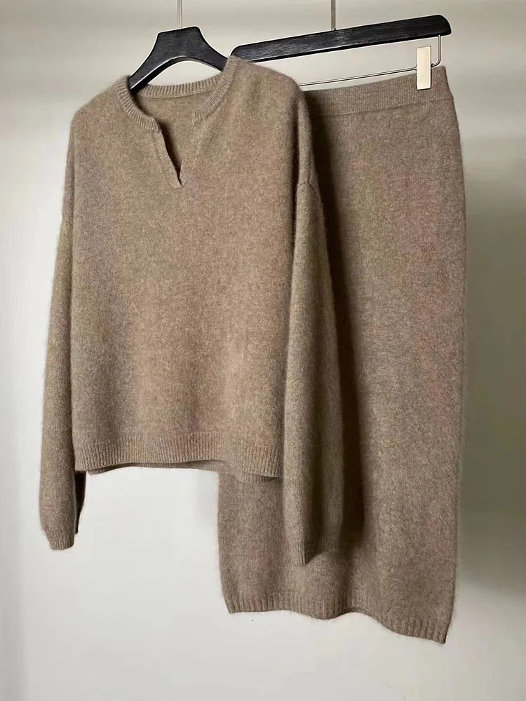 Premium Autumn/Winter 100% cashmere set solid color POLO collar fleece sweater mid-length skirt two-piece set 250721
