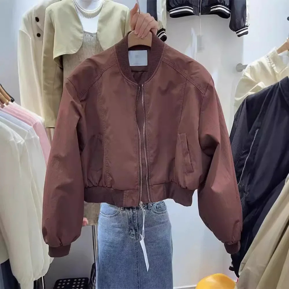 Spring Autumn Short Baseball Jacket Womens Loose Fit Crew Neck Pure Color Versatile Outerwear Slimming Trendy Student Friendly 250721
