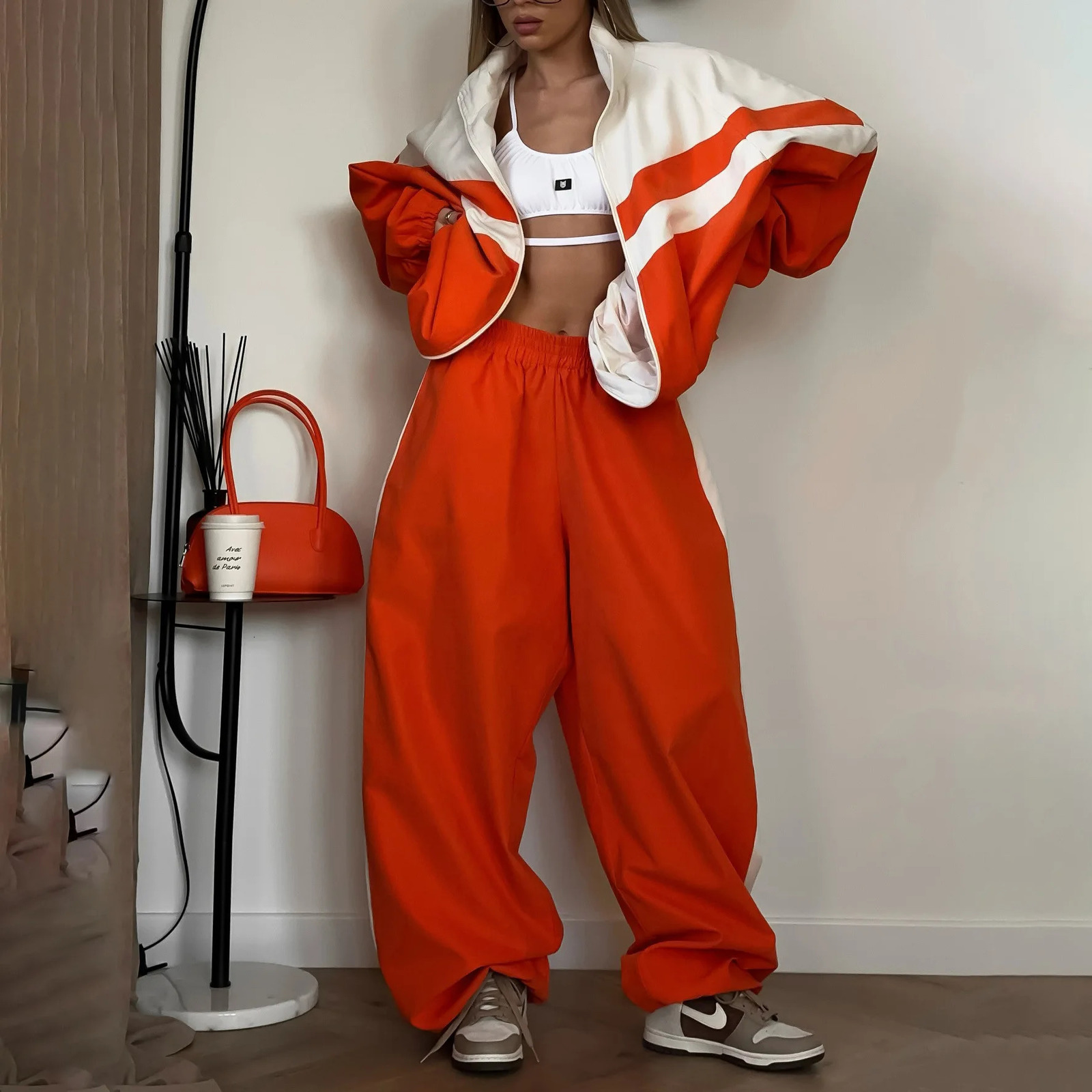 Stripe Contrasting Stand Up Collar Jacket Women Sports Set Autumn Loose Casual Pants Sports Suit Womens High-end Two-piece Set 250717