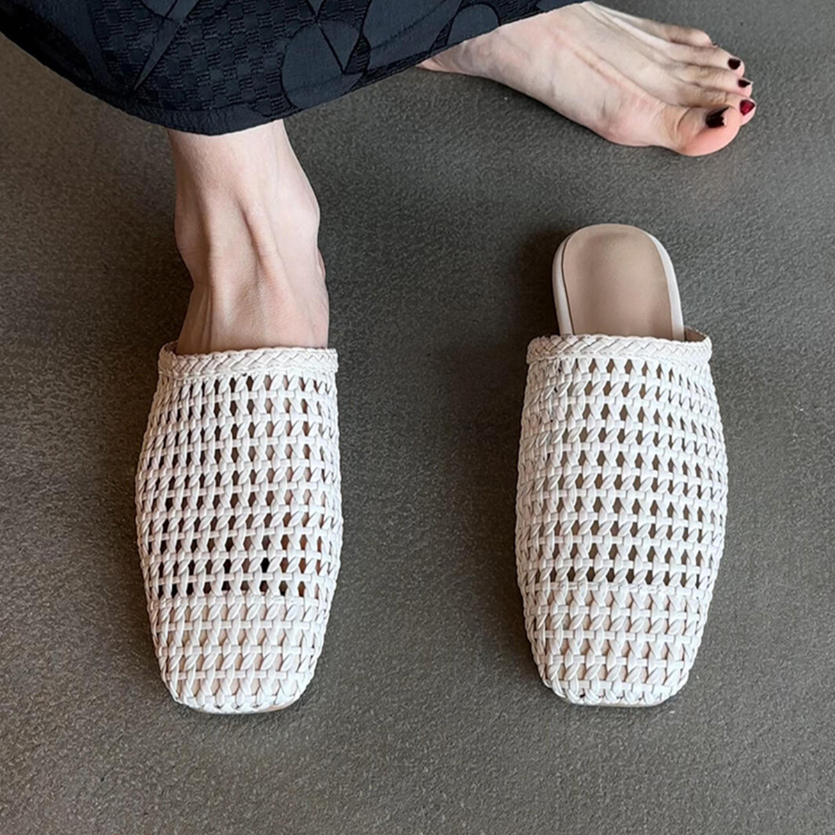 Women's Japan-Korean Style Net Sandals, White Square-Toe Beach Slippers with Beaded Cotton Fabric Upper, Genuine Leather Lining, EVA Insole, Rubber