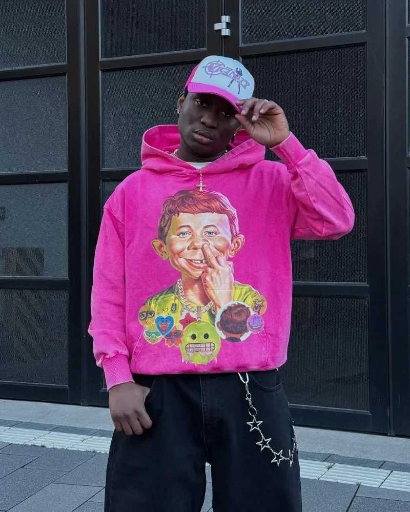 New High Street American Retro Loose Hoodie Rose Red Cartoon Print Casual Oversized Sweatshirt Fashionable Hip-hop Clothing Men XJ250726