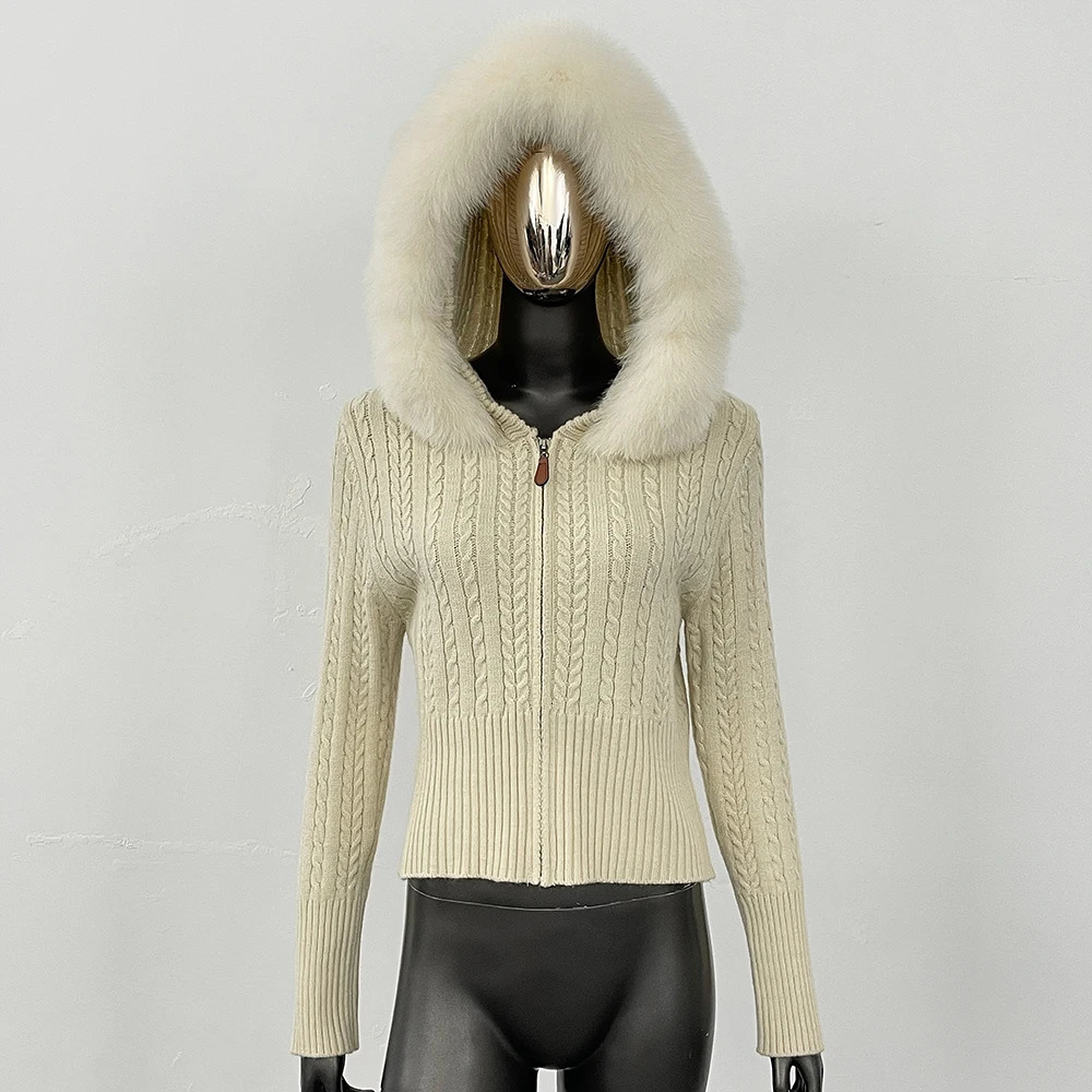 Knitwear Women Cardigans Slim Zipper Patchwork Fur Spring Sweet Furry Hooded Knitted Cropped Knitted Sweater Autumn Lady 250724