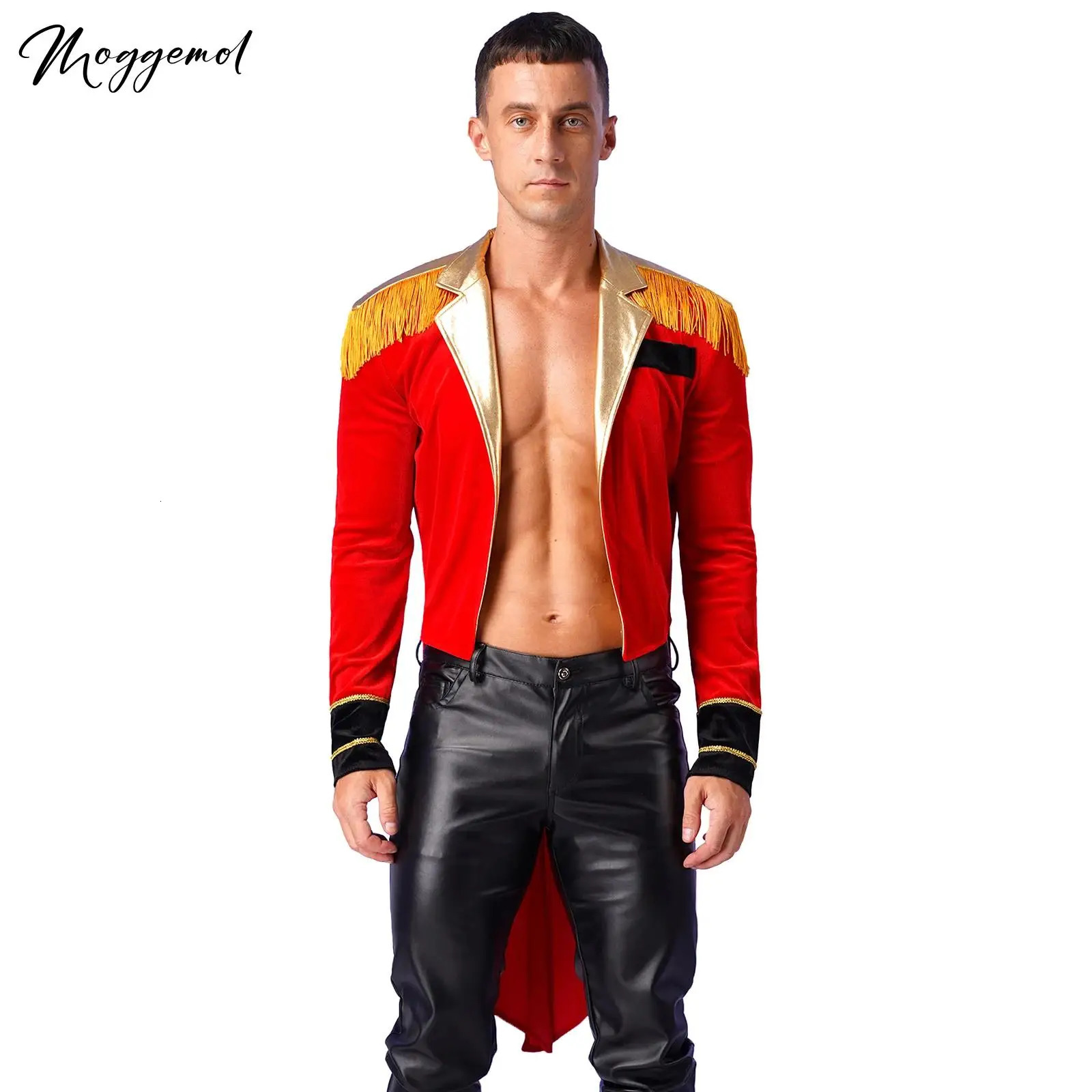 Mens Circus Ringmaster Showman Costume Lion Tamer Tailcoat Metallic Shiny Lapel Collar Long Sleeve Swallow-tailed Coat Jacket 250724