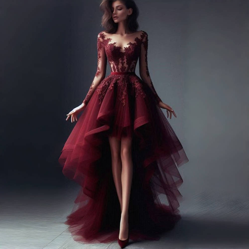 Burgundy High Low Prom Dresses Long Sleeves A-Line Classic Evening Gown Lace Appliques Short Front Long Back Reception Dress Party Occasion Wear