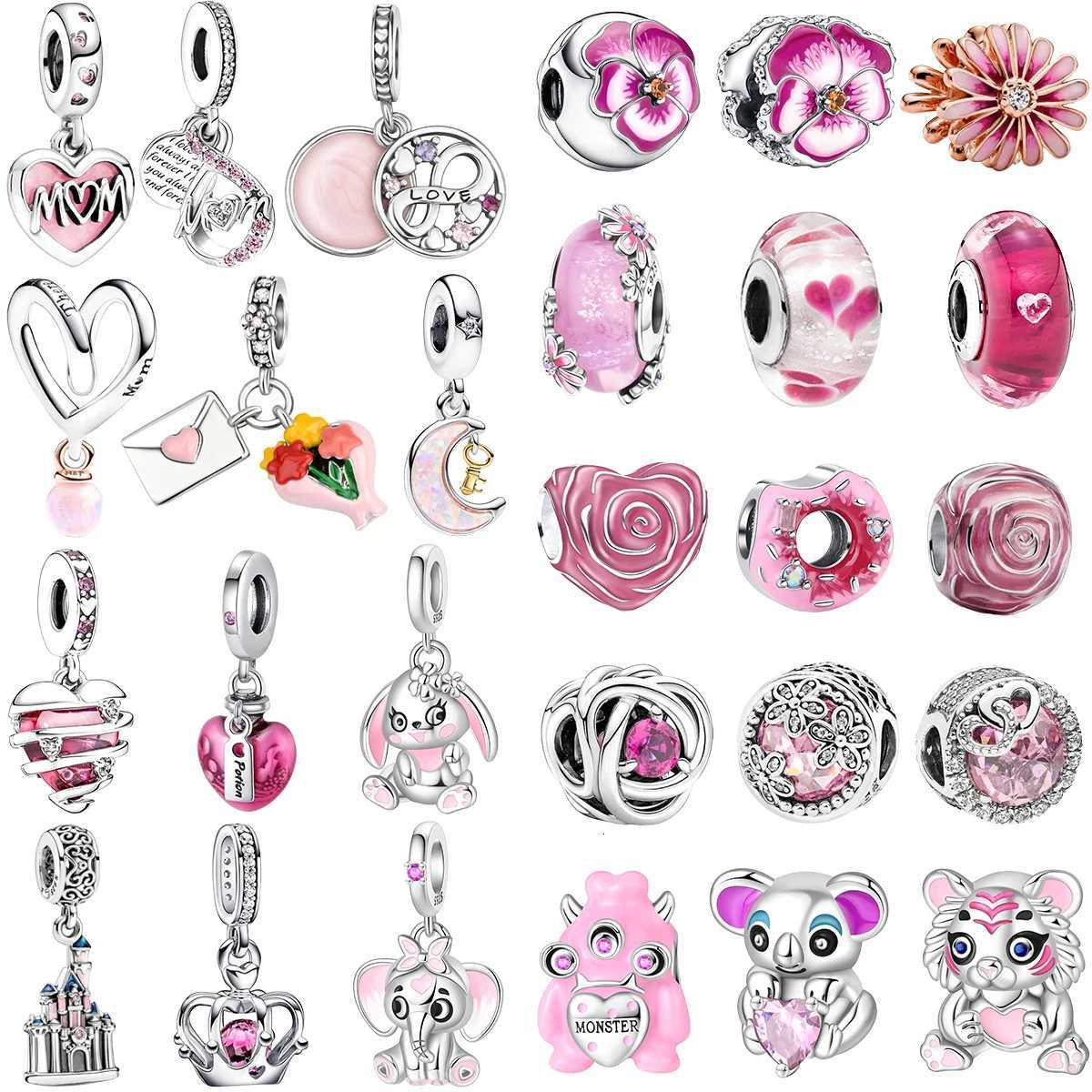 Hot Sale Charms Heart Beads Pink Dangle Charm Flower Pendant DIY Jewelry Fits Original 925 Sterling Silver Bracelet Necklace Clip XJ250726