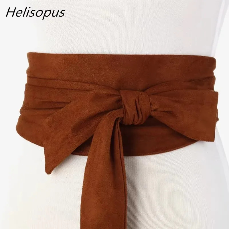 Helisopus Suede Belts for Women Corset Camel Autumn Winter Waist Belt Female Waistband Solid Bow Tie Wide Belts 250724