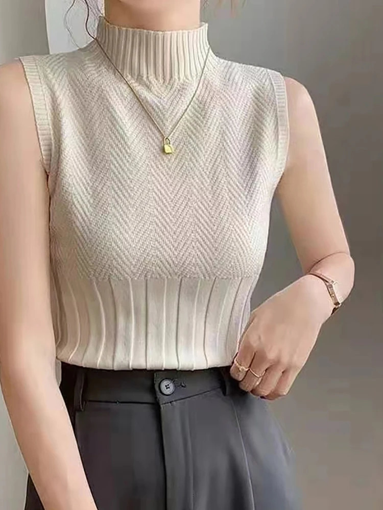 HELIAR Women Summer Casual Knitted Tank Tops Solid Sleeveless Half High Collar Slim Base Shirt Sexy Top Knitwear Y2k Street 250724