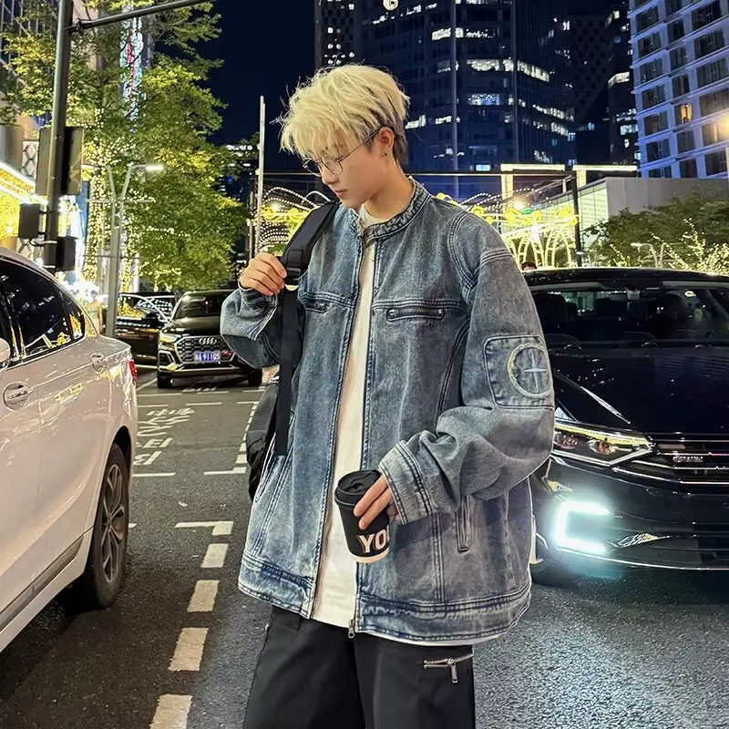 American Style Vintage Cropped Distressed Denim Jacket for Men Streetwear Fashion Loose Fit Zipper Closed Casual Jackets 250724