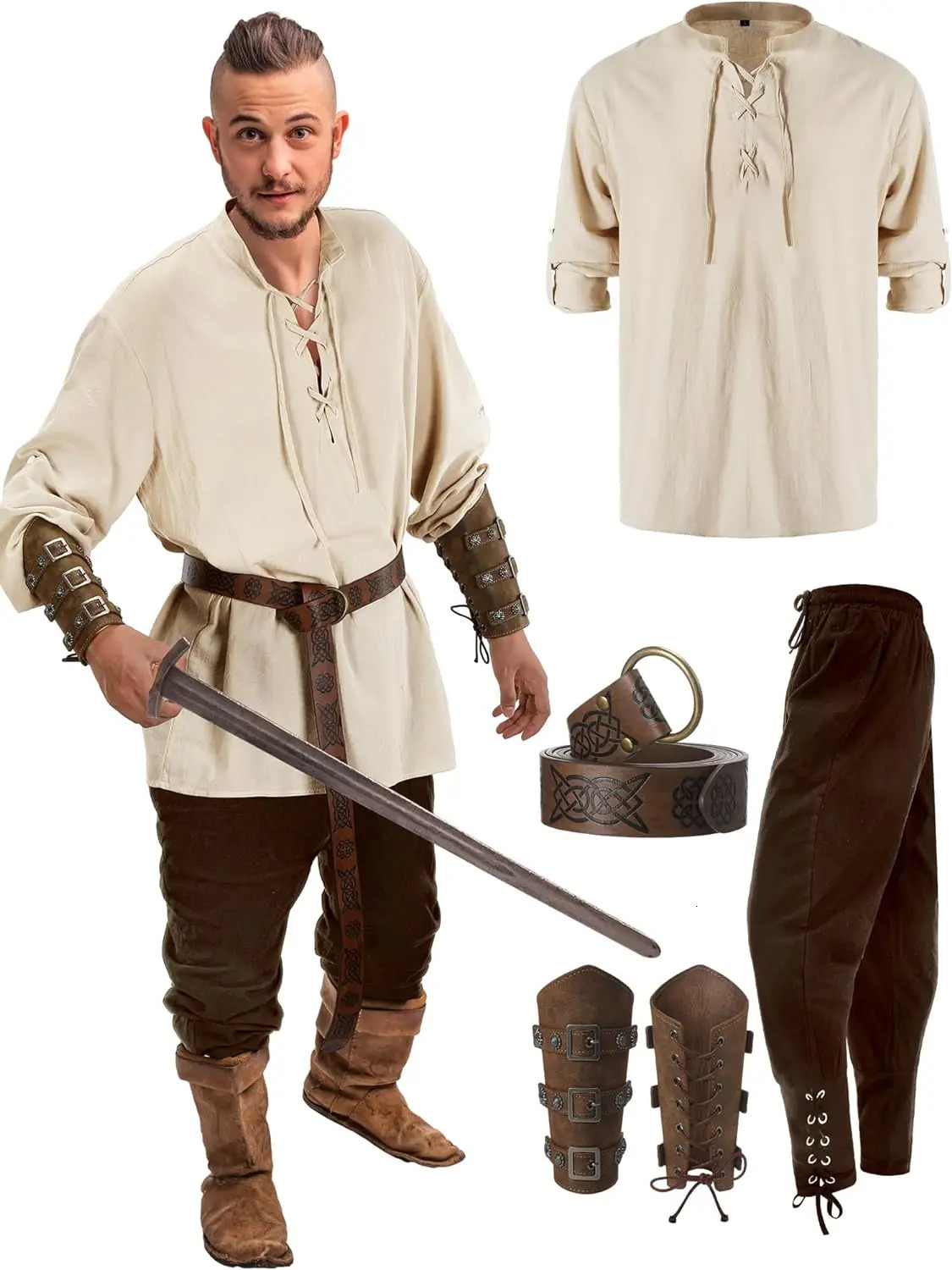 Jiuguva 4 Pcs Halloween Mens Renaissance Costume Set Medieval Pirate Shirt Ankle Banded Pants Viking Belt Accessories 250724