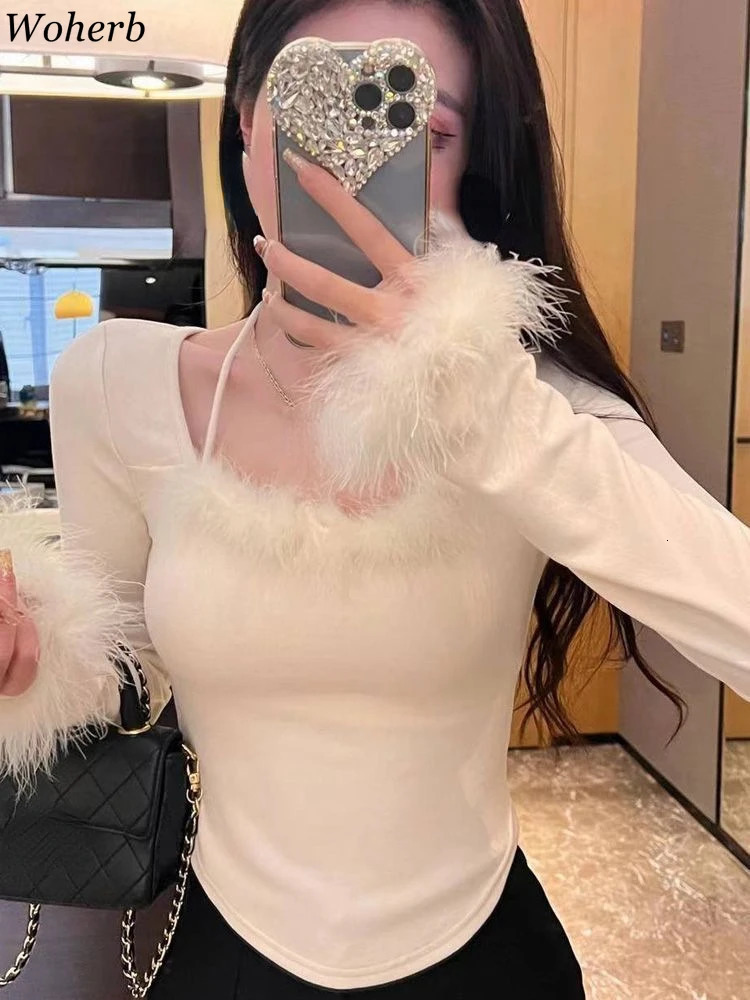 2K Sexy Sweater Women Clothing Square Collar Tunic Long Sleeve Jumper Pull Femme Fur Patchwork Irregular Knitted Pullovers Tops 250724