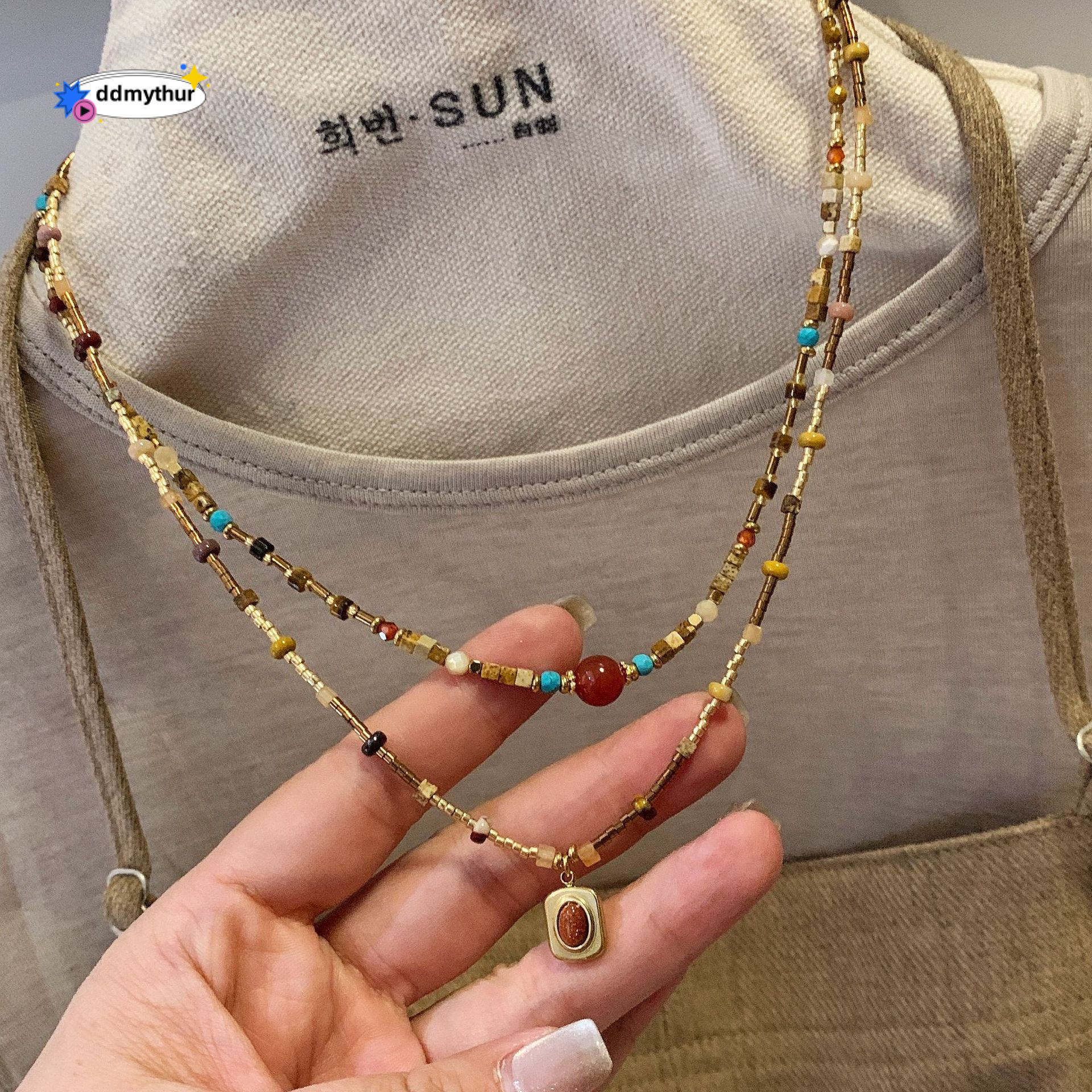 Necklace for Women New Chinese Style Natural Stone Beaded Collarbone Chain High-end Double-layer Stacking Accessories ddmythur