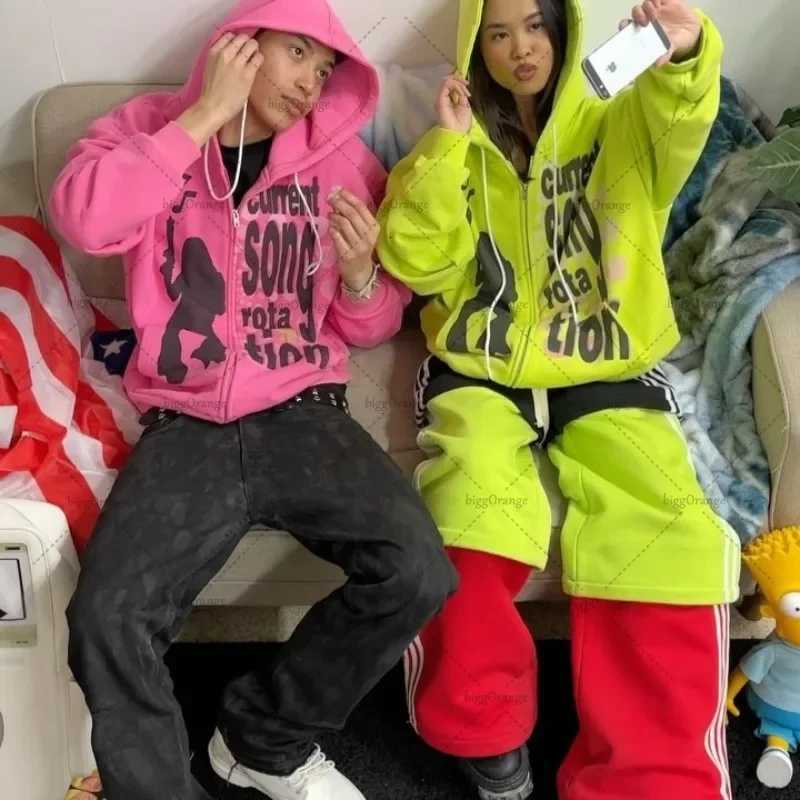 Hip-hop Retro Harajuku Colorful Y2K Streetwear Women Goth Letter Print Casual Zipper Hoodie Men Trendy Punk Oversized Sweatshirt XJ250726