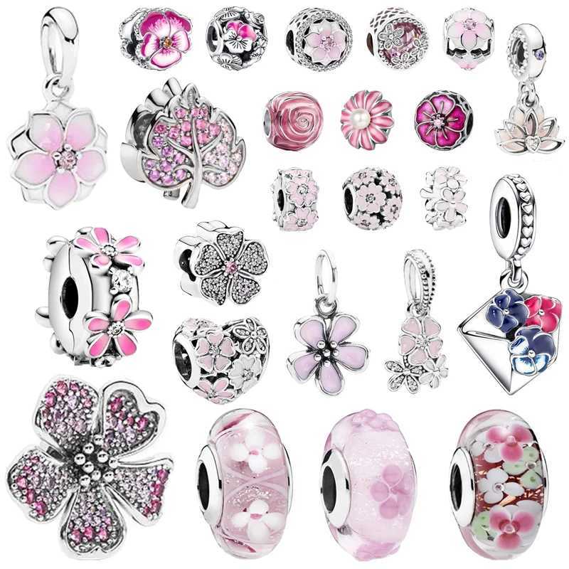 Sparkling Pink Flowers Series Cherry Blossom Daisy Charm Beads Fit Original European 925 Silver Bracelet DIY Women Jewelry Gifts XJ250726