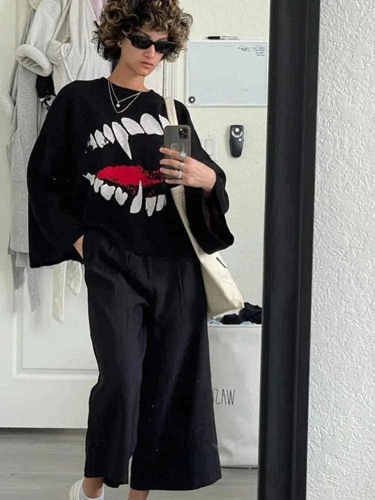Y2K Europe and Americas top men and women Traf autumn and winter stitch cartoon printed sweater warm round neck casual street. 250724