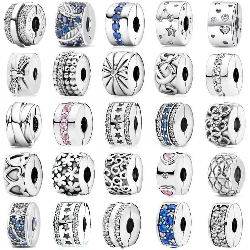 925 Sterling Silver CZ Pave Clip Charms Daisy Beads Stopper Safety Chain Fits Original Bracelet Jewelry XJ250726