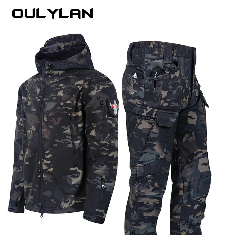 Tactical Winter Set Mens Outdoor Windproof Waterproof Suit MultiPocket Soft Shell Hooded Jackets Hunting Work Pants Suit 250725