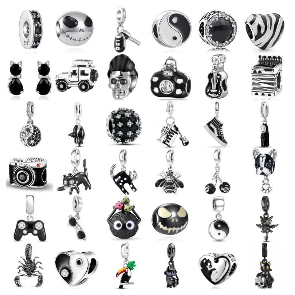 925 Silver Black Color Charm Cat Taiji Camera Parrot Guitar Pendant Dangle Bead Fits Original Bracelet Jewelry Gift Dragon XJ250726