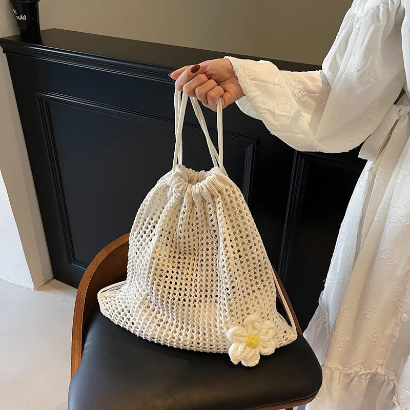 Solid Color Knitting Shoulder Bag Large Capacity Bohemian Crochet Backpack Hollow Out Versatile Beach Travel Tote Bag For Women 250723