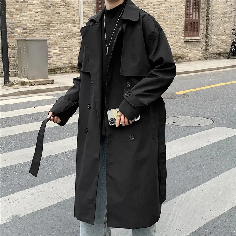 Spring Autumn Mens Loose-fit Trench Coat Stylish Hong Kong Style Double-row Buttoning Medium-length Overcoat 250724