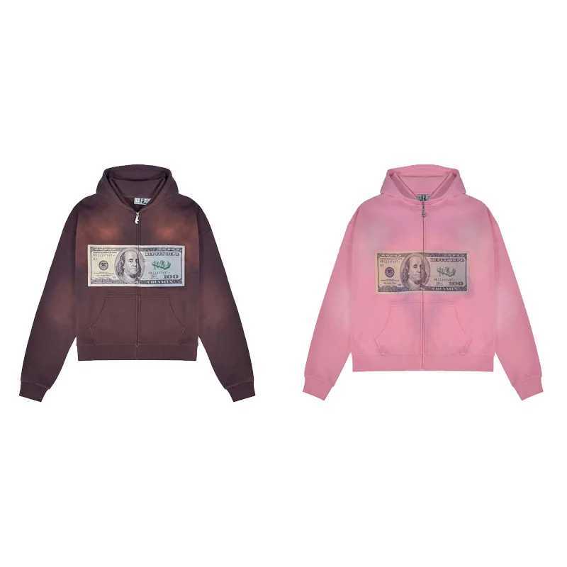 2K Trend Printed Zip Up Hoodie Retro Oversized Portrait of a US Dollar Person Pattern Sweatshirt Casual Gothic Men Women Tops XJ250726