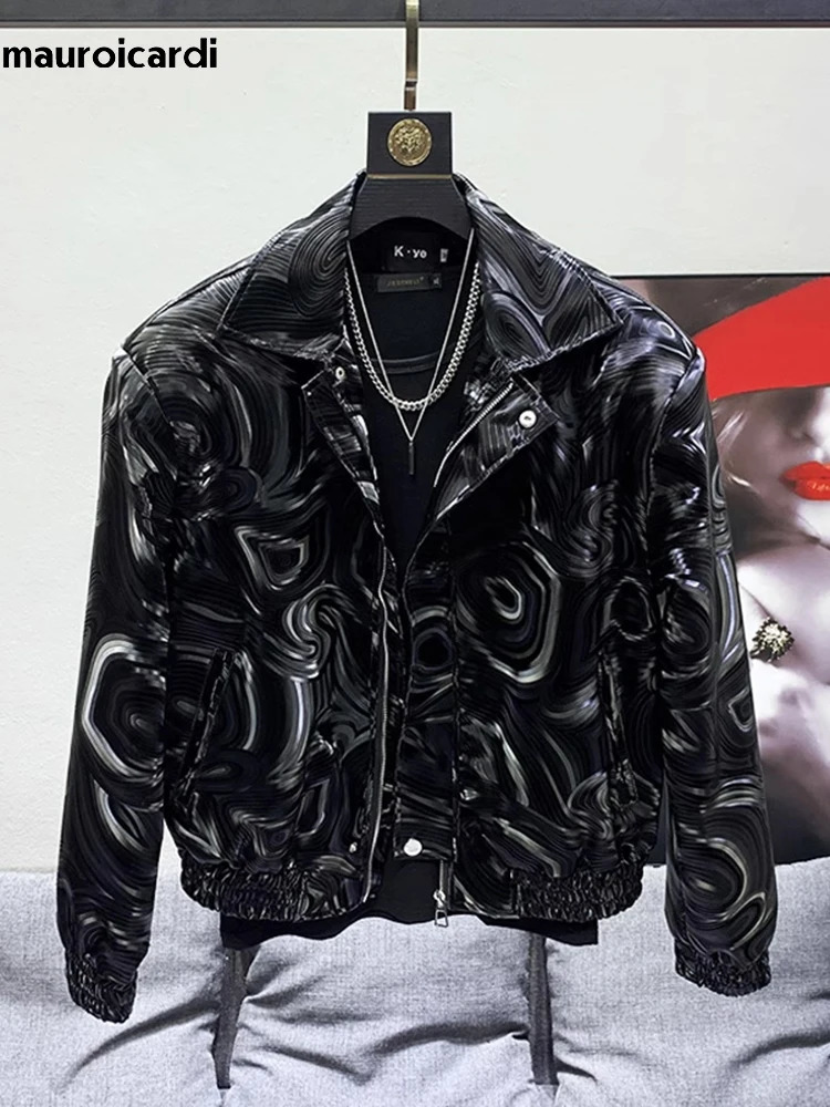 Mauroicardi Spring Autumn Cool Short Black Shiny Geometric Faux Leather Bomber Jacket Men Zipper Stylish Clothes 250724
