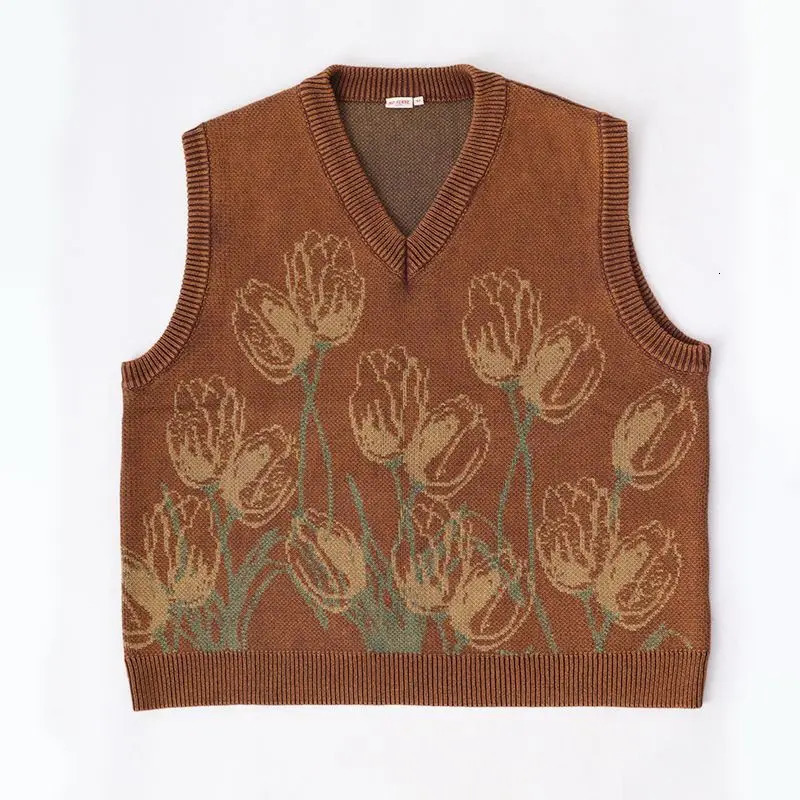 Autumn Winter Vintage Vest Sweater Trend Japanese Retro Men Women Lazy Loose Silhouette Flower Coat Preppy Jacquard Knitted 250724