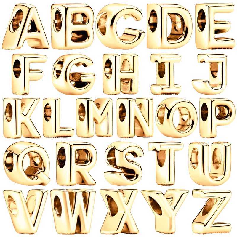 Hot Sale A-Z 26 Gold Lucky Letters Combination Charm Beads Fit Original European 925 Sterling Silver Bracelet DIY Women Jewelry XJ250726