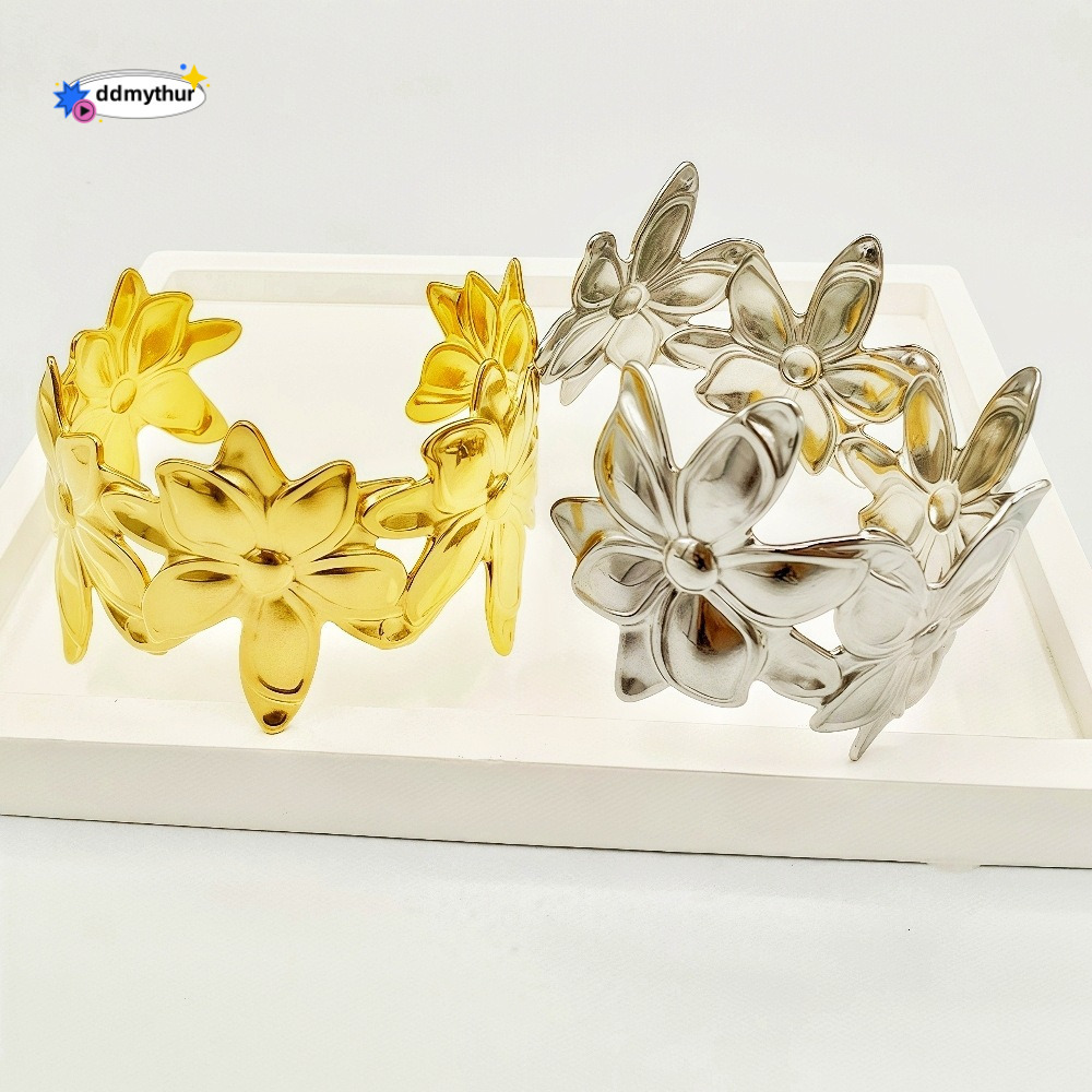 New Stainless Steel Wide Bracelet Punk Style Five-Leaf Flower Exaggerated C-Shaped Adjustable Arm Ring ddmythur