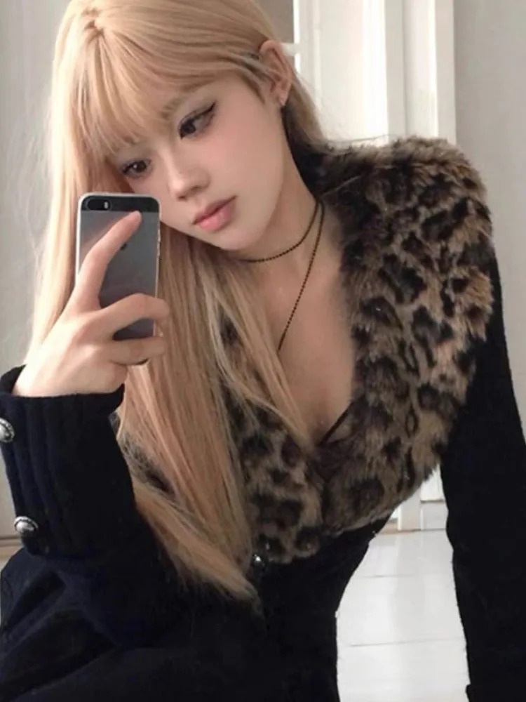 Korean Streetwear Leopard Fur Collar Patchwork Cardigans Y2k Aesthetic Vintage Women Sweater Grunge Casual Slim Fit Black Tops 250724