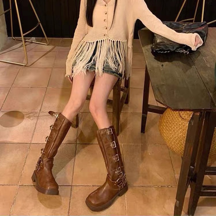 Botas de vaquero del oeste marrones, botas hasta la rodilla para mujer, hebilla de cinturón de Metal, plataforma de tacón grueso, botas altas de cab