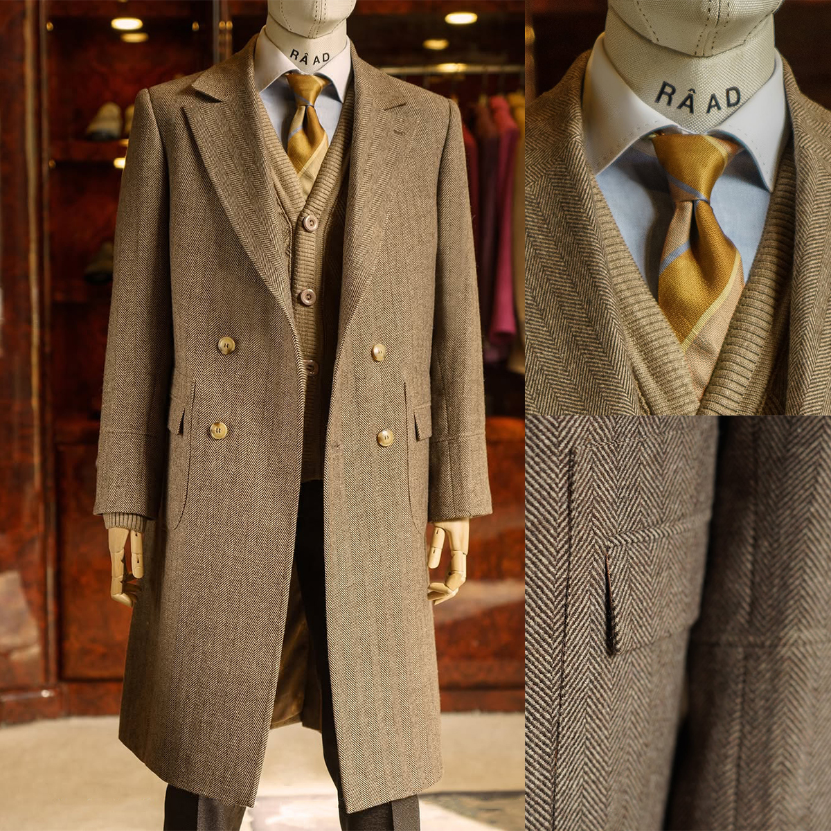 Chevron Woolen Blend Coat Men's Over Jacket Overcoat Double Breasted Long Plus Size Warm Formal Business Costume Customized