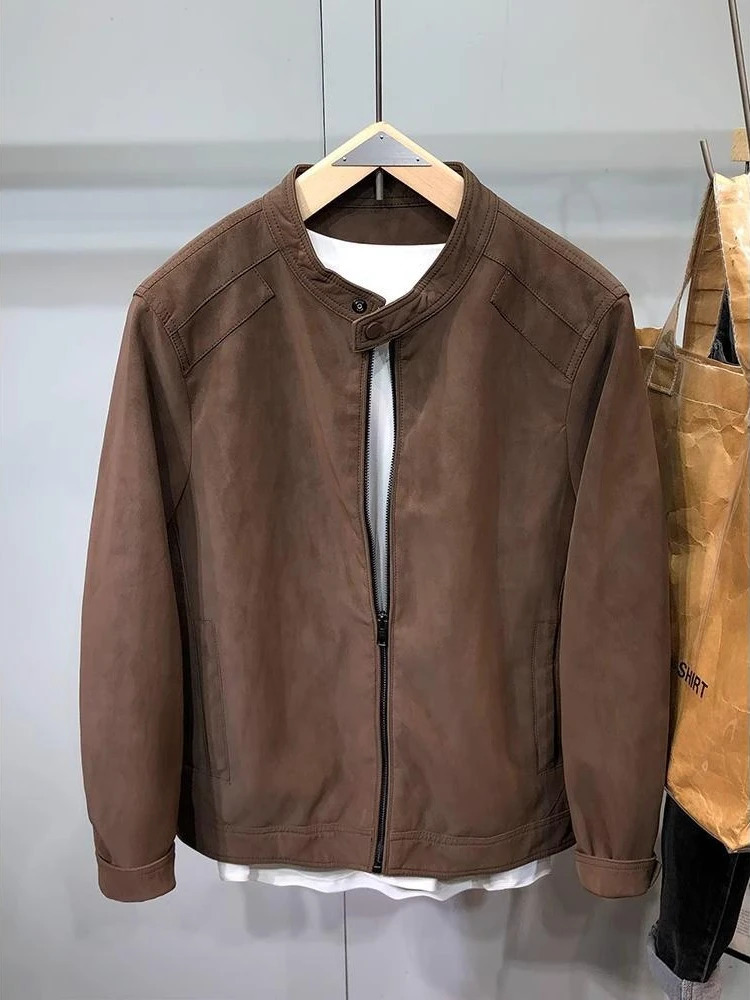Mens Suede Cropped Biker Jacket with Stand Collar Slim-Fit Retro Spring Autumn Stylish Casual Zip Bomber Coat Outerwear 250724