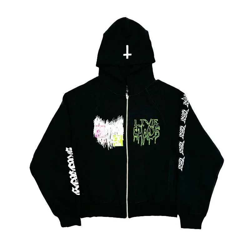 2K Gothic Print Pattern Zip Up Hoodie Retro Fashion Hoodie Streetwear Men and Women Loose Casual Sportswear K-Pop Clothes XJ250726