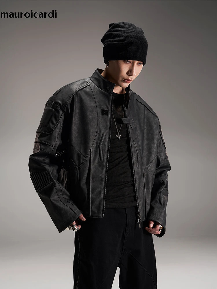 Mauroicardi Spring Autumn Cool Handsome Vintage Short Distressed Black Faux Leather Racer Jacket Men Shoulder Pads 250724