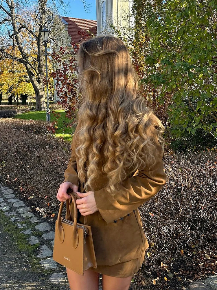 Suede Brown Single Breasted Womens Jacket Casual Long Sleeved Waist Cinched Streetwear Autumn Fashion Outerwear 250725