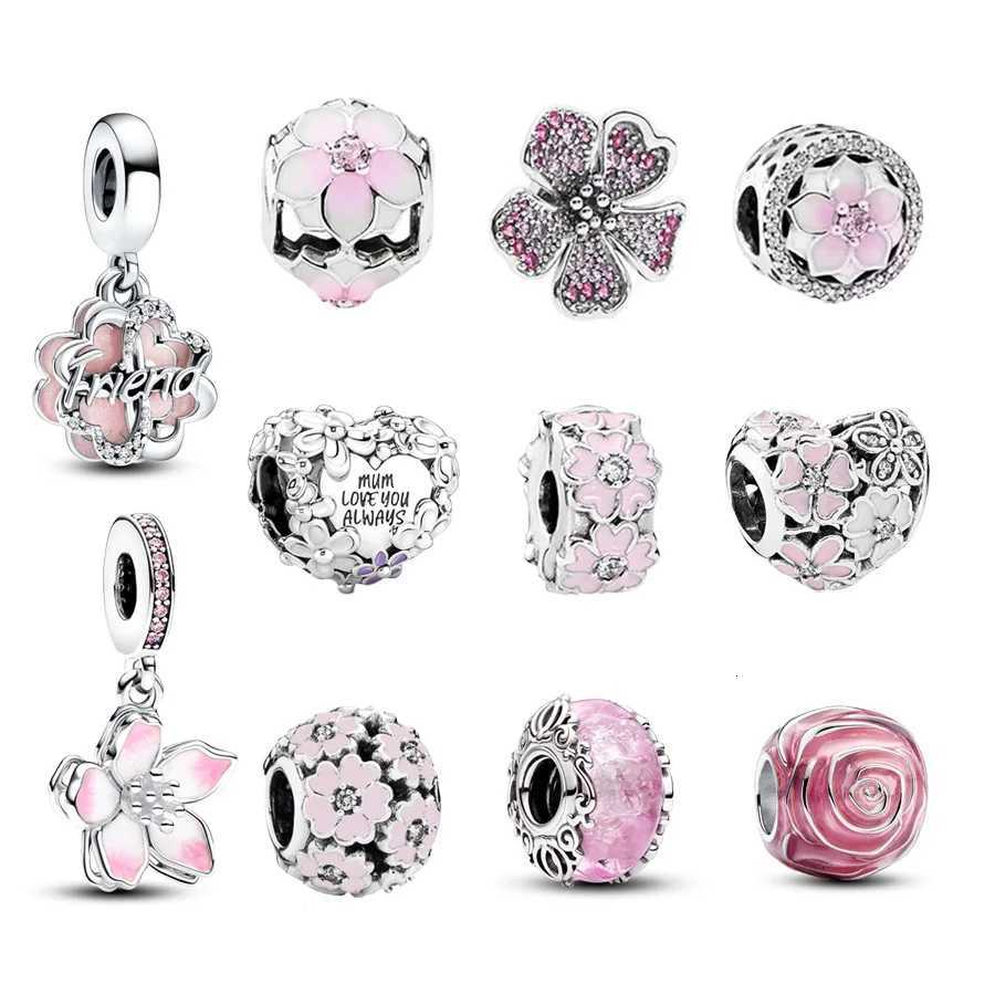 New Pink Series Pansy Flower Cherry Blossom Double Dangle Charm Beads Fit Original Silver 925 Pan Bracelet DIY Jewelry XJ250726