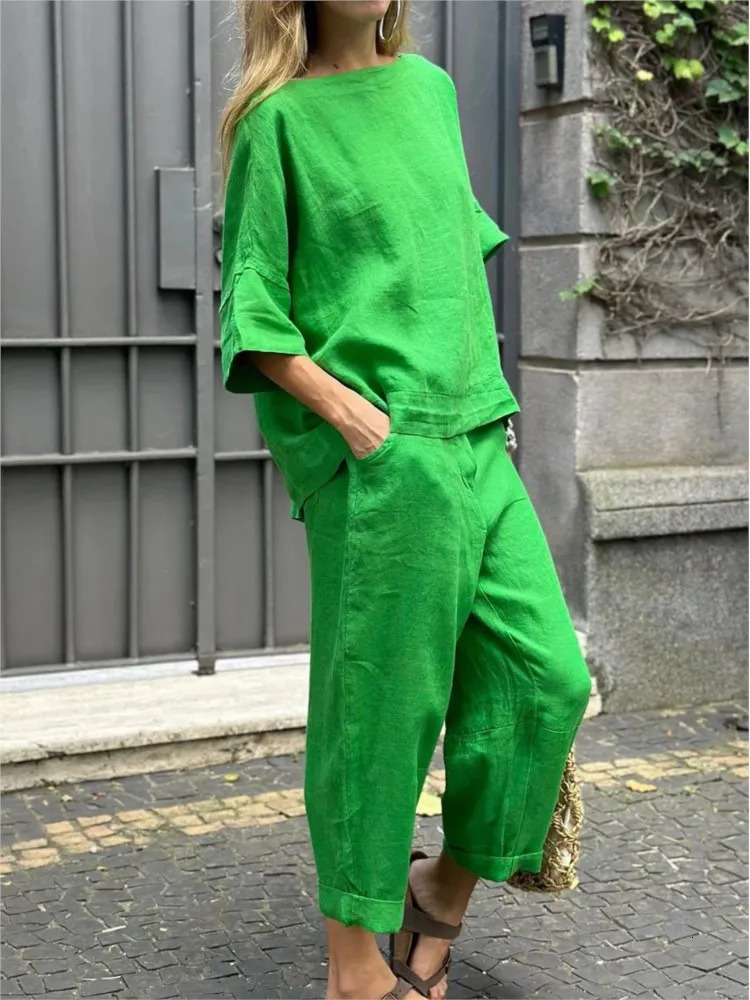 Spring Summer Womens Fashion Cotton Linen Suit Casual Half Sleeve O Neck Top and Loose Pocket Pants 2 Piece Set 250723