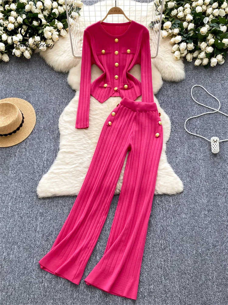 100% Cotton Fashion OL Winter Suits Women Long Sleeves Chic Buttons PulloversElastic Long Pants Vintage Sweater Two Pieces Sets 250724