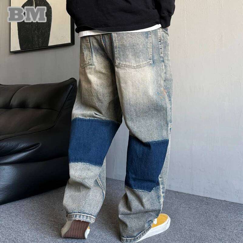 Trendy Mens Baggy Jeans Hip Hop Streetwear Distressed Patchwork Washed Denim Oversized Casual Vintage Loose Fit Urban Trousers 250726