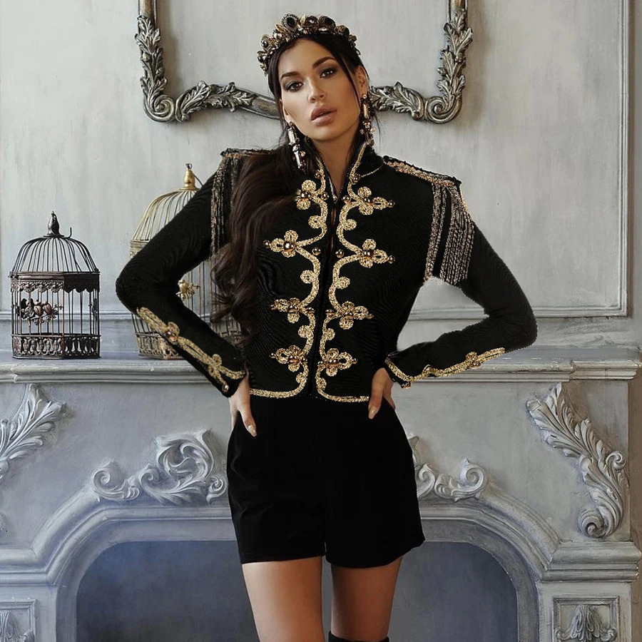 2024 Winter Autumn Fashion Womens Bandage Jacket Long Sleeve Casual Sexy Black Night Club Party Coat Outwear Female Golden250723