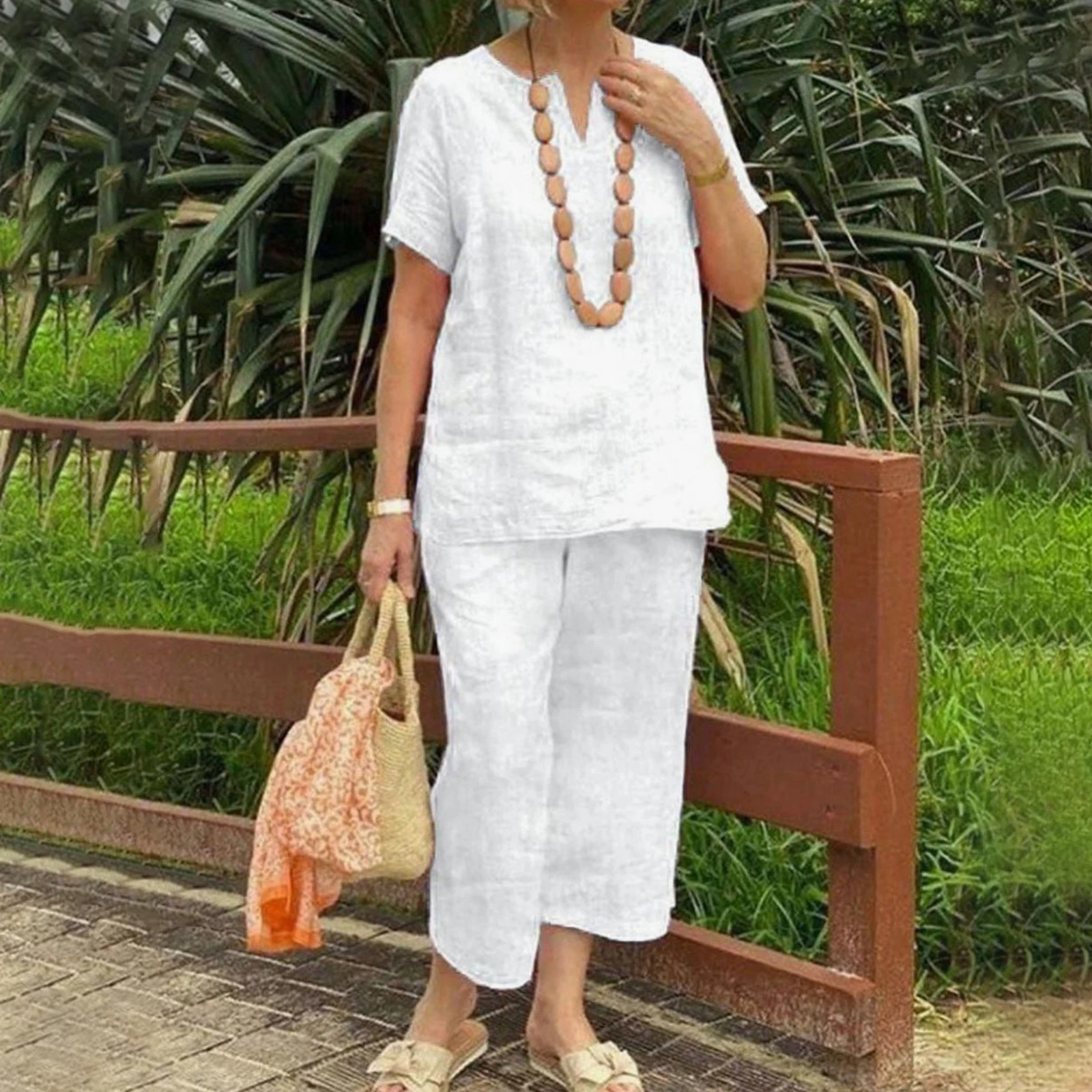 Womens Casual Suits Stylish Womens Cotton Linen Summer Suit with Wide Leg Pants Casual Loose Fit Two for Ladies for Summer 250723
