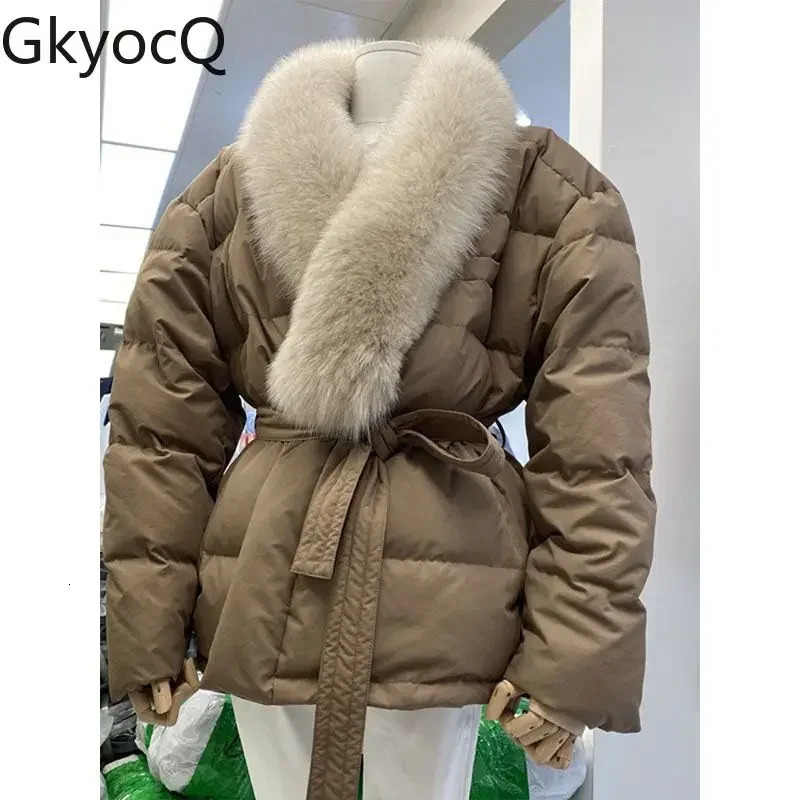 GkyocQ Korean Dongdaemun Fashion Autumn Down Coats Fur Collar Waist Slimming Lace Up Simple Winter Female Clothes Parkas 250725