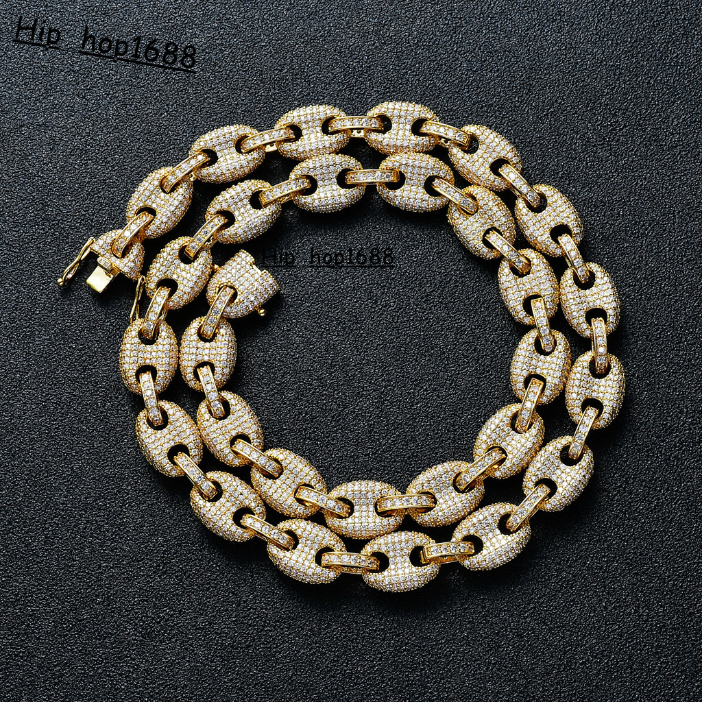 2025 Wholesale 12mm Full Iced out Coffee Bean Gold Chain Diamond Pig Nose HipHop Necklace Religious Christian Gift Gold Plated