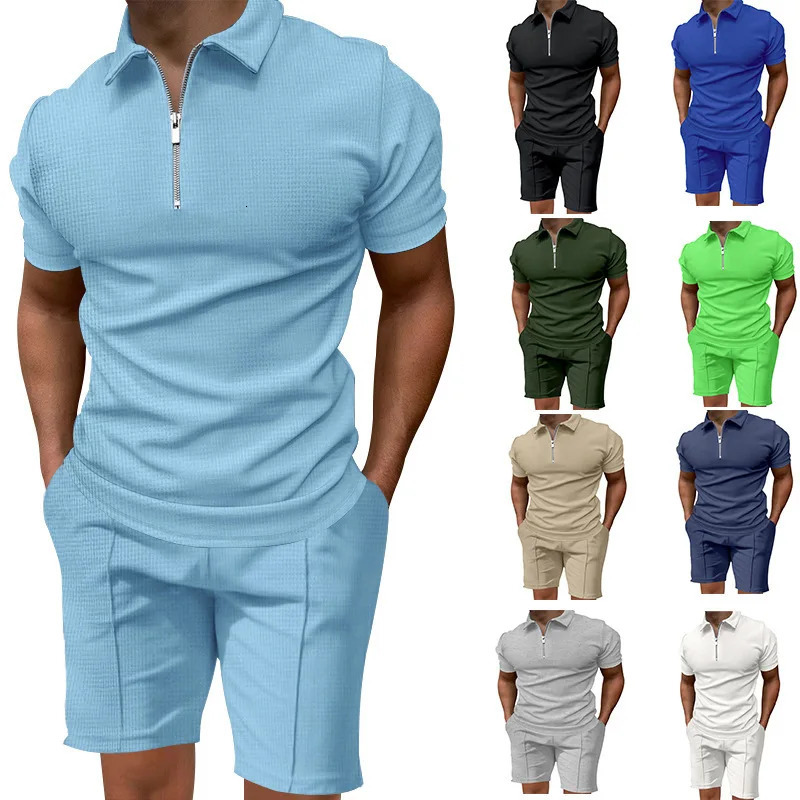 2024 Mens summer suits solid color waffle lapel slimfit short sleevettshirt casual fashion mens clothing 250724