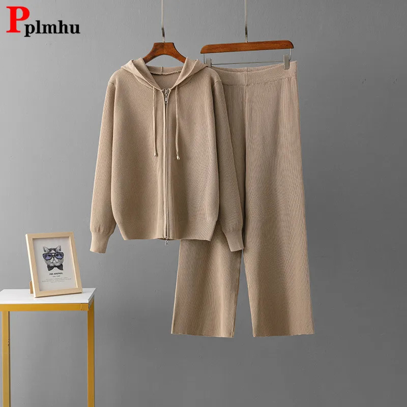 Classic Solid Knitted 2 Piece Sets Women Hooded Zipper Knitwear Sweater Cardigan Tops Sets High Waist Sweatpants Outfit 250724