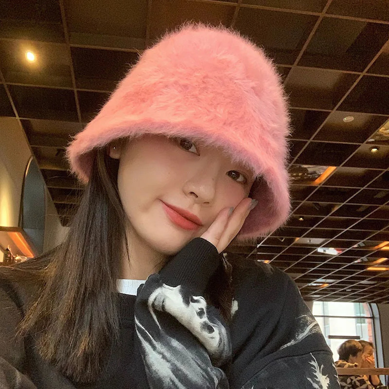 Winter Rabbit Fur Bucket Hat Women Korean Solid Color Warm Fisherman Cap Autumn Thicken Plush Female Windproof Hats 250725