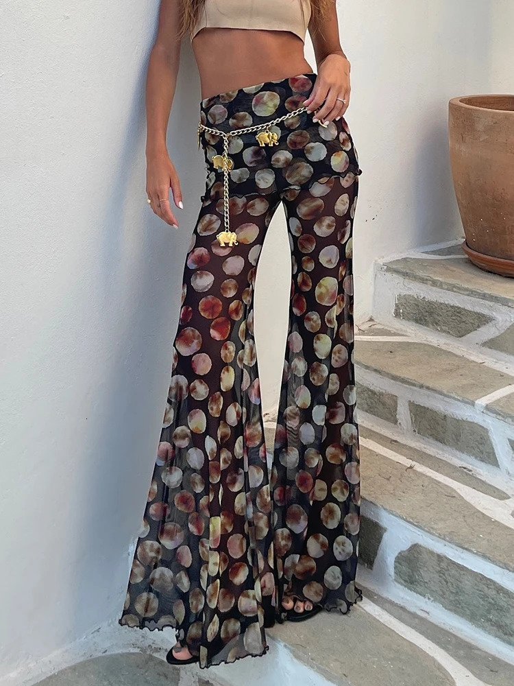 Mozision Mesh Leopard Print Trousers Woman Fashion High Waist Print Wide Leg Pants Female Elegant Printed Long Pants Bottoms 250724
